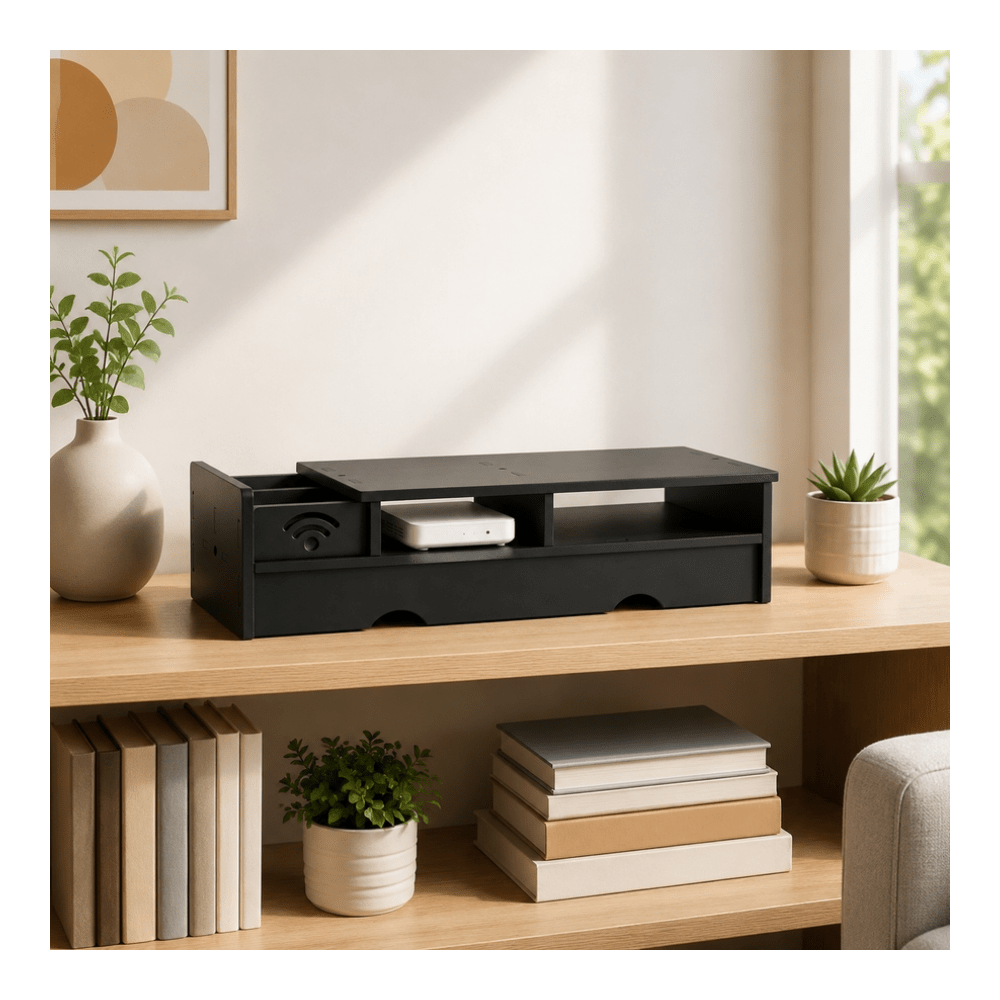 Office Tech Set Up - Black Matte WiFi Router Storage Box